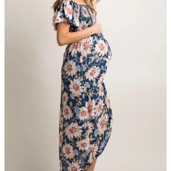 Blue Floral Off Shoulder Smocked Wrap Maternity Dress - Picture 2 of 2